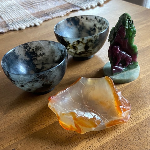 Other - Chinese Serpentine Bowls with Carnelian Dish and Ruby Zoisite Carving